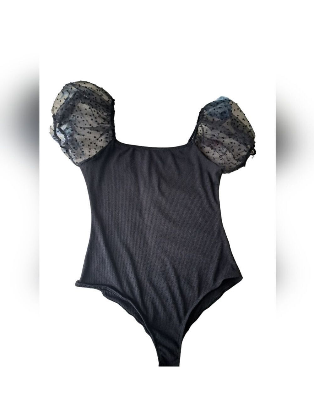 ALTAR'D STATE black ribbed bodysuit sheer pouffy short sleeves polka dots  M